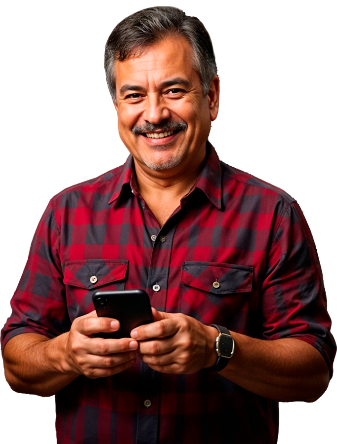 Señor feliz sosteniendo su teléfono